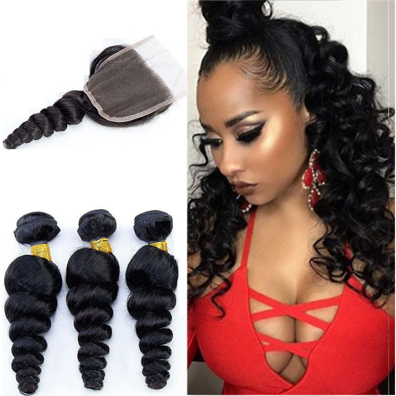 

Brazilian Loose Wave Virgin Hair With Lace Closure Cheap Human Hair Weave Bundles With Closure 1B Body Wave Human Hair Vendors, Natural color