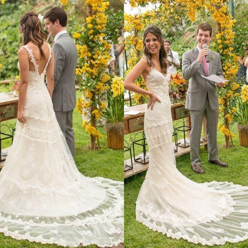 

Gorgeous 2018 Bohemian Garden Lace Wedding Dresses Spaghetti Backless Appliques Long Bridal Gowns Custom Made From China EN12057, Black