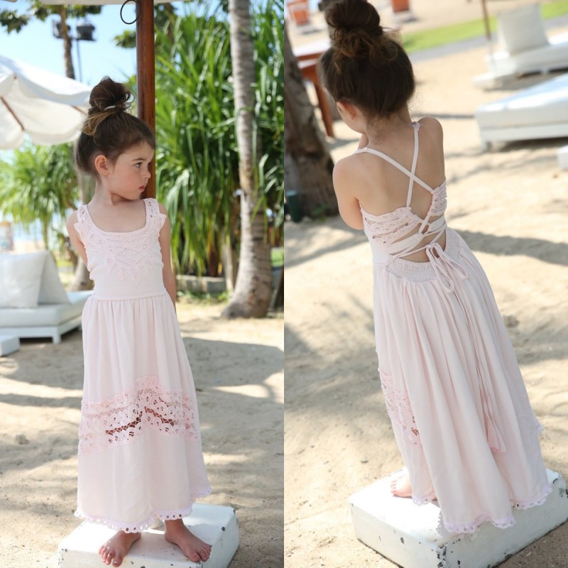 

2018 Light Pink Chiffon Beach Boho Flower Girl Dresses For Weddings Cheap Lace Criss Cross Back Ankle Length Kids Formal Dress EN112010, Brown