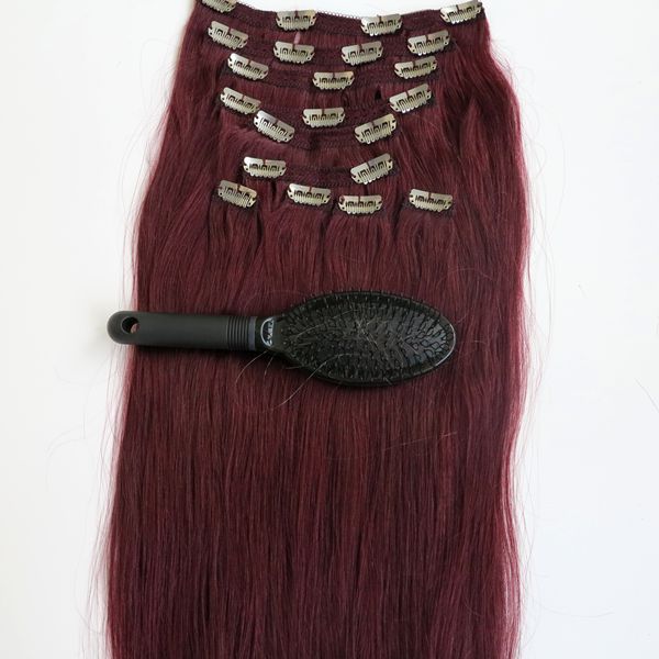 

160g 20 22inch 100% Human Hair Clip in Hair Extensions Smooth Brazilian Hair 99J#/Red Wine Remy Straight Hair 10pcs/set free comb