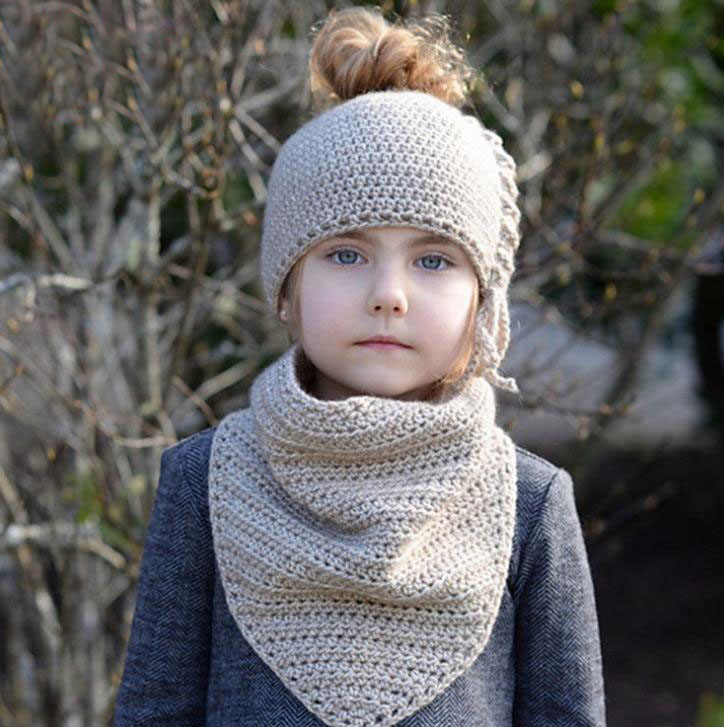 

New Autumn Winter Baby Kids Knitted Cap Neck Warmer 2pcs Set Girls Children Princess Crochet Warm Scarf Hat M142, Beige