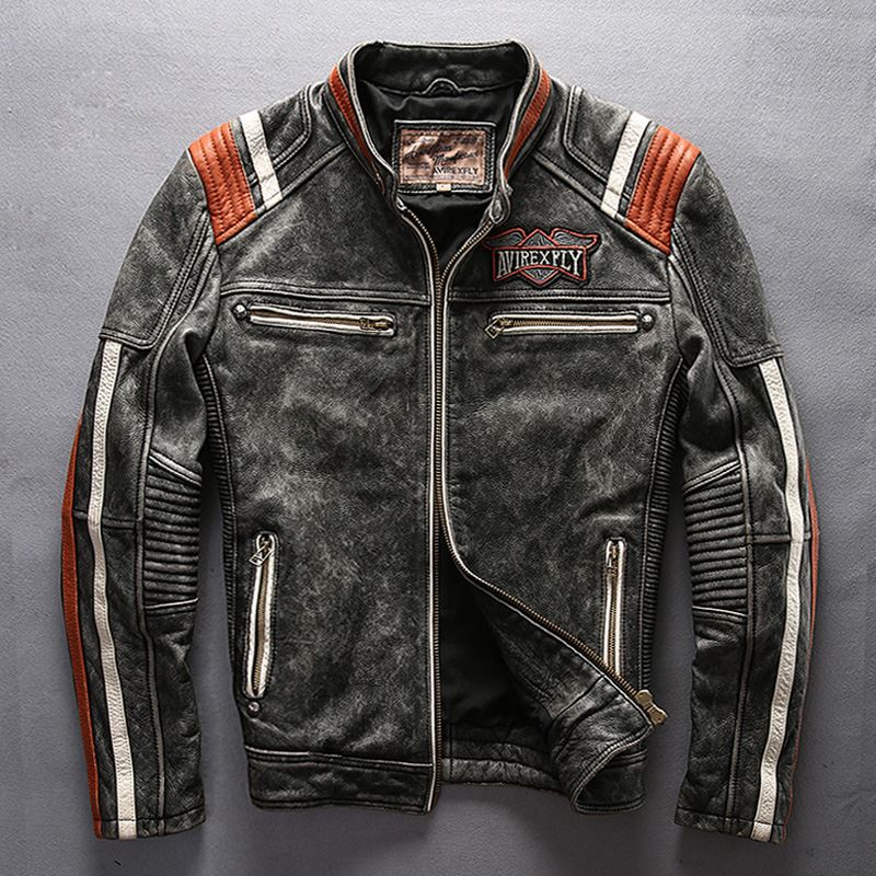 

mans genuine cow leather motorcycle rider jacket vintage stand collar embroidery leather motorcycle rider cowhide leather jacket, Black