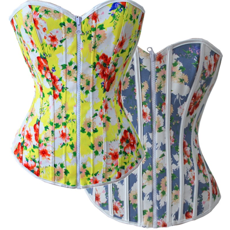 

Women's Fashion Multi Floral Printed Zip-up Front Two Side Wear Reversible Lace-up Back Corset Bustier Plastic Boned S-XXL Drop Ship, Yellow/blue