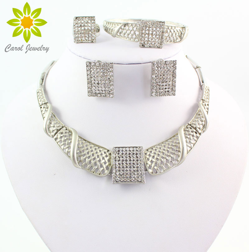 

2015 Style Crystal Rhinestone African Dubai Costume Jewelry Set Fashion Vintage Silver Plated Women Jewelry Sets