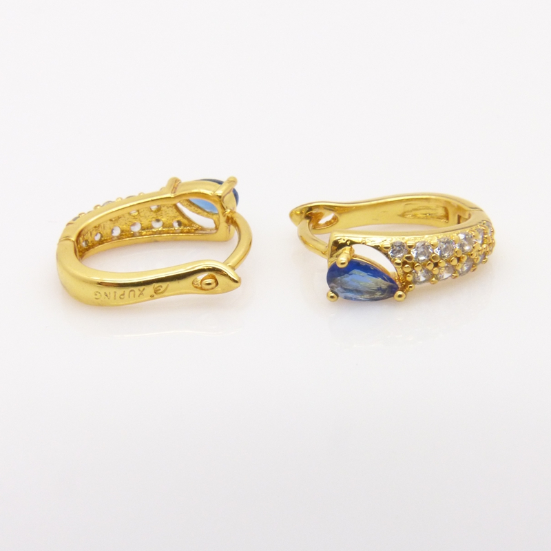 Réel 24k 24ct or jaune rempli GF saphir serti 1 paire de petites boucles d'oreilles créoles pour jeunes femmes nouveau
