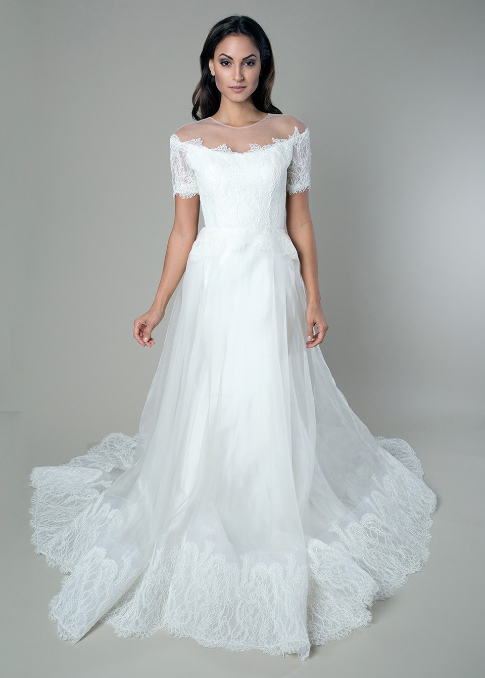 

Exquisite White Sheer Neck Wedding Dresses with Short Sleeve Vestido De Novia A-line Sweep train Sheer lace Bridal Gown Custom Made, Custom made color