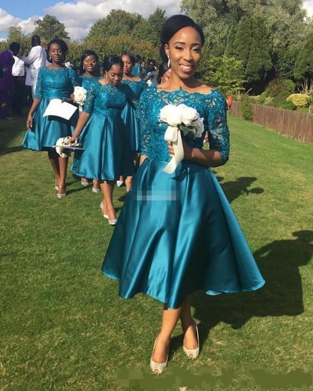 

Short Bridesmaid Dresses 2017 Cheap For Weddings Guest Dress Teal Satin Lace Half Sleeves Tea Length Plus Size Formal Maid Of Honor Gowns