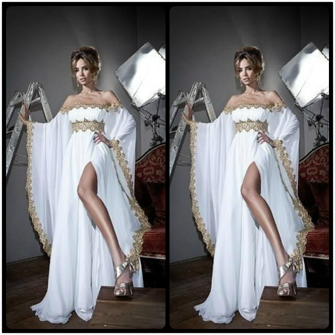 

Arabic Style Long Sleeves Gold Lace and White Appliques Chiffon Abaya Kaftan Evening Prom Dresses With High Split Slit Party Dresses, Royal blue