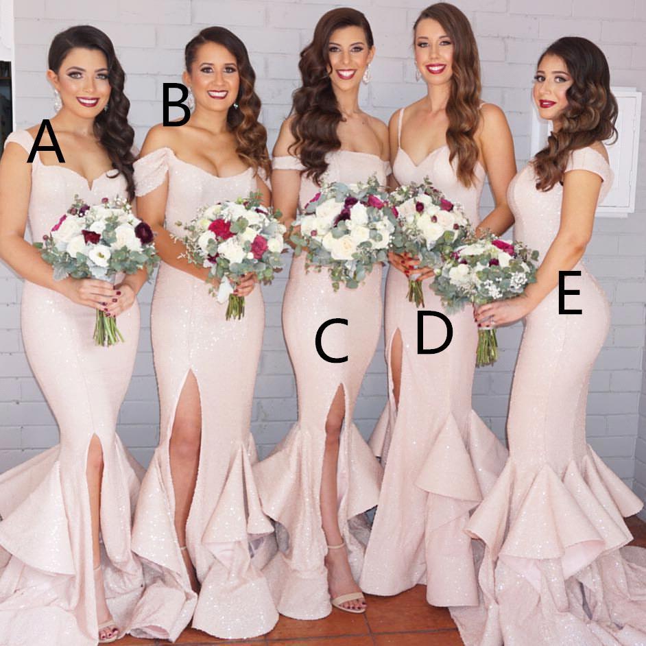 

New Mermaid Light Pink Sequins Bridesmaid Dresses Bling Long Cap Sleeves Mixed Style Floor Length Split Wedding Party Gowns BA1593