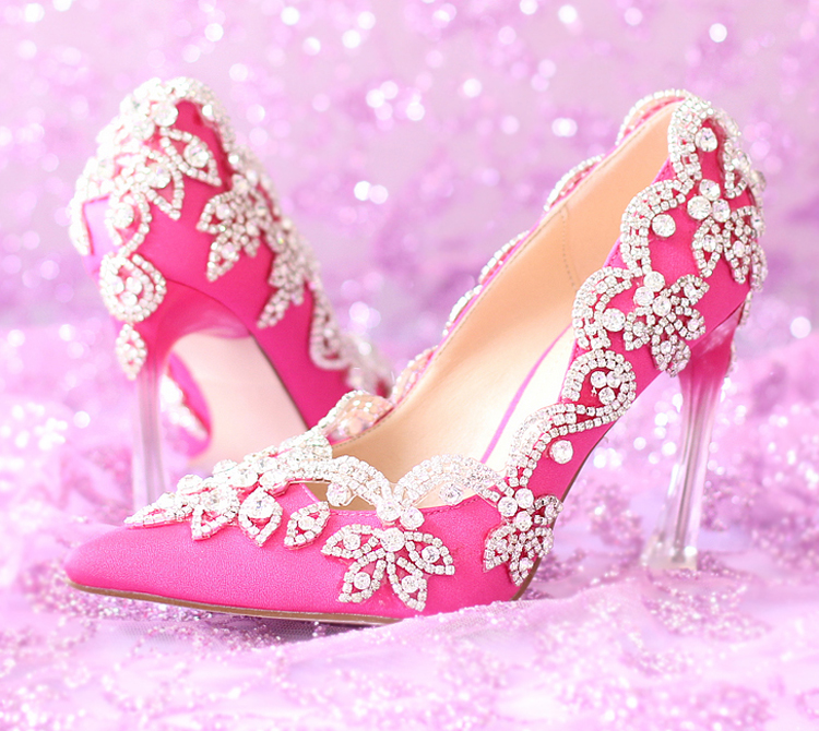 

Gorgeous Pointed Toe High Quality Satin Wedding Shoes Rhienstone Elegant Fuchsia Color Prom Dress Shoes Banquet Pumps