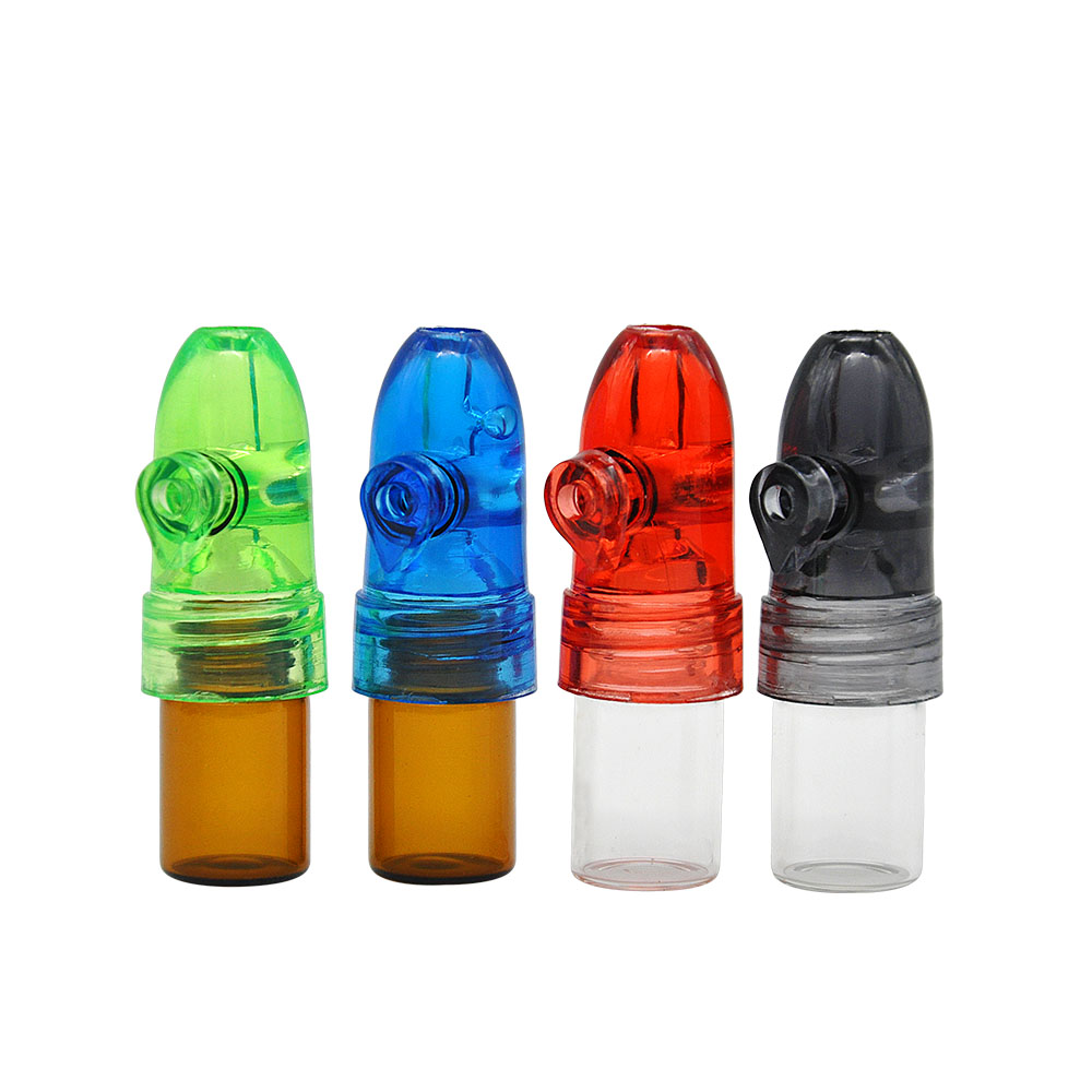 

12 pcs/Lot Plastic glass Bottle 53mm Snuff Dispenser Bullet Rocket Snorter sunff pill case Box snorter sniffer