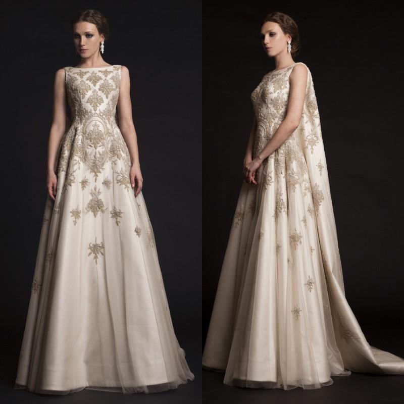 

Krikor Jabotian Prom Dresses 2015 Embroidered Beading Lace Appliques Dresses Party Evening Wear Arabic Watteau Train Satin Evening Gowns, Champagne