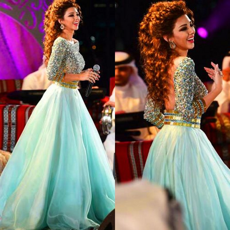 

Luxury Beaded Myriam Fares Evening Dresses A Line Bateau Crystals Top Sexy Backless Sweep Train Prom Party Gowns with 3/4 Sleeves, Gold