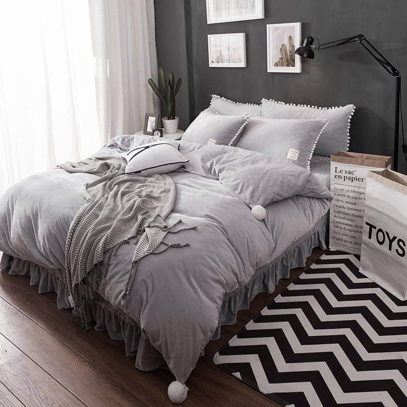 Grey Blue Fleece Winter Warm Bedclothes Bedding Sets Queen King