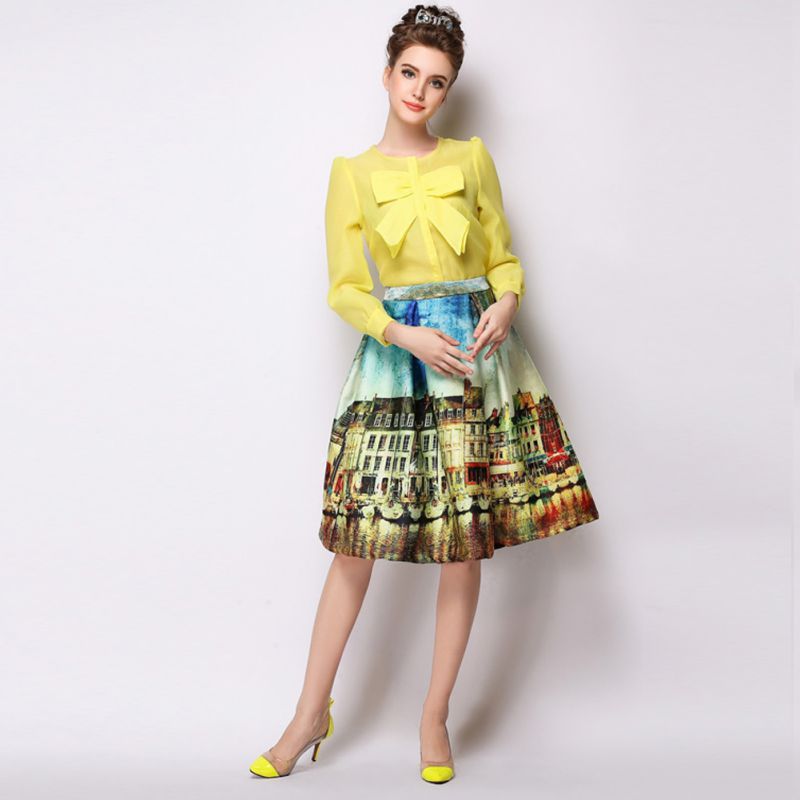 Femmes Stretch Taille haute Peinture Skateur Floral Plissé Robe Plissée Ballon-Longueur Robes FG1511