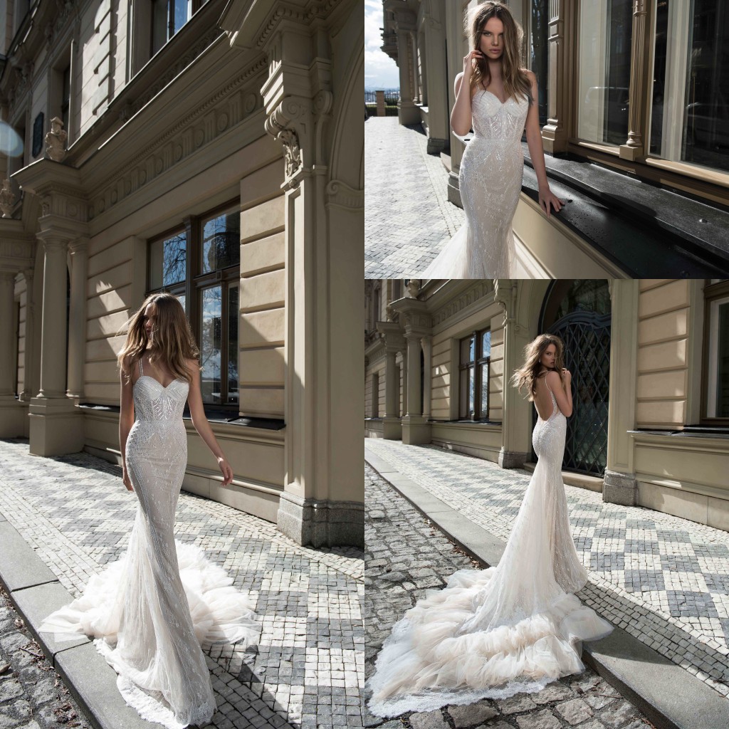 2021 Berta Wedding Dress Romantic Spaghetti Strap Backless Sexy See Through Corset Lace Beaded Cascading Ruffles Train Mermaid Gowns