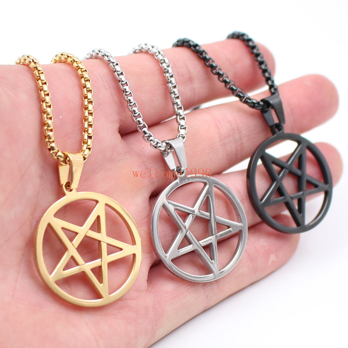 

XMAS Gifts Choose Punk Trendy 3mm 24 inch Square Rolo Chain Stainless Steel 30mm jewish Wicca Inverted Pentagram religion Pendant necklace