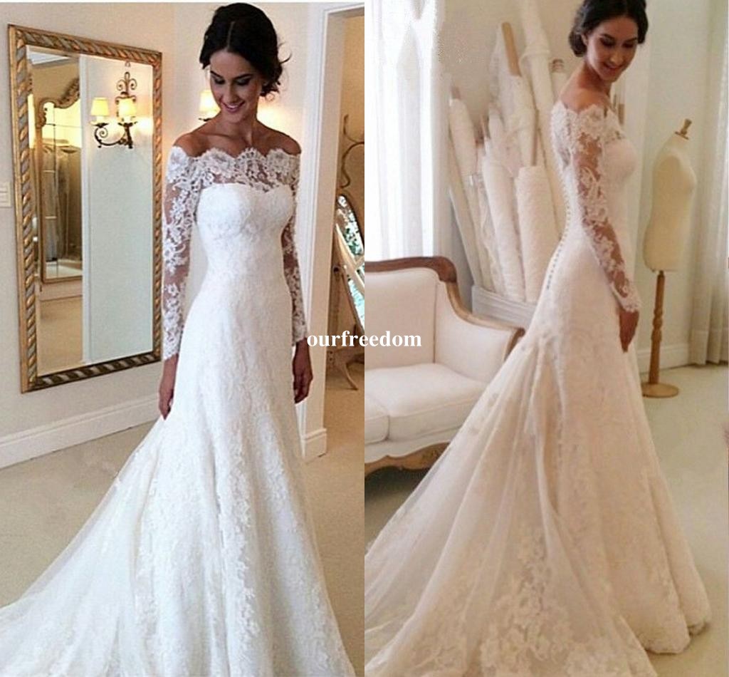

2019 Elegant Fall Winter Bateau Neck Wedding Dresses With Long Sleeve Full Lace Mermaid Sweep Train Bridal Gown Custom Made Hot Sale, Ivory