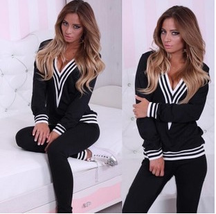 

2015 Hot Fashion Sexy Women Tracksuits Sport Suits V Neck Jogging Women Sport Running Fitness Tracksuit Sportwear Suit FG1511, Black