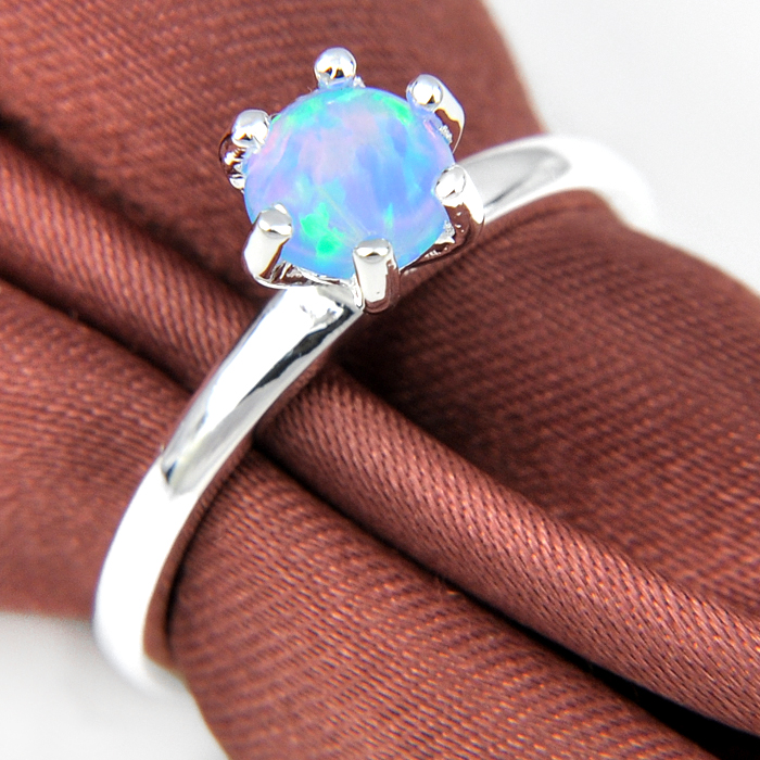

Simple Design 5 Pcs/Lot Mother Gift Round Blue Fire Opal Gemstone 925 Sterling Silver Ring Woman Weddings Rings Jewelry Size 7-9