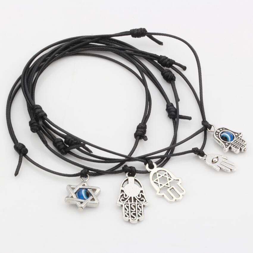 

Hot ! 50pcs Mixed Kabbalah Hamsa Hand Star of David Charms Black color Wax rope Adjustable Bracelets