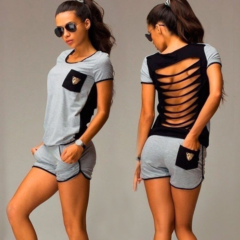 2017 Sexy Femmes À Manches Courtes T-shirt Top Sportwear Shorts Pantalon Survêtement Costume Vêtements Ensembles Combinaison D'été