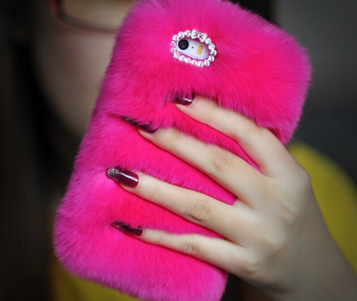 

Luxury Bling Fashion Fluffy Real Rabbit Fur Furry Phone Case For Iphone6/6s 4.7"