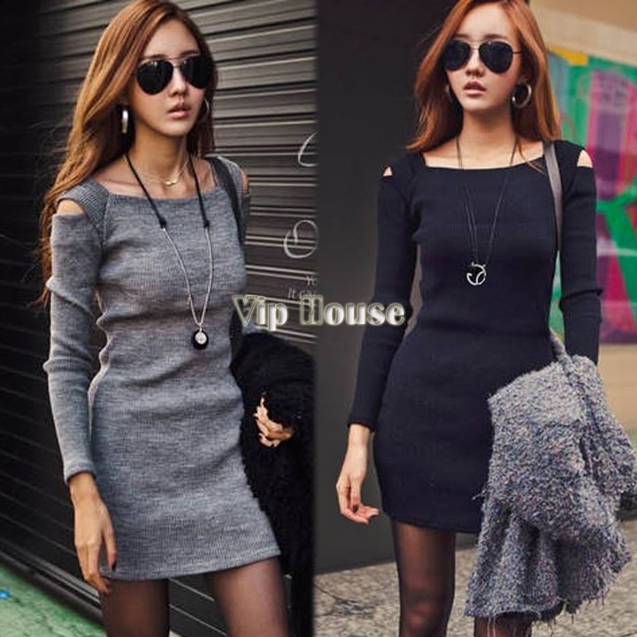 

Fashion 2014 New Hot Casual Fashion Women Sexy Off Shoulder Crew Neck Long Sleeve Slim Knitwear Sweater Dress #005 19431, Black