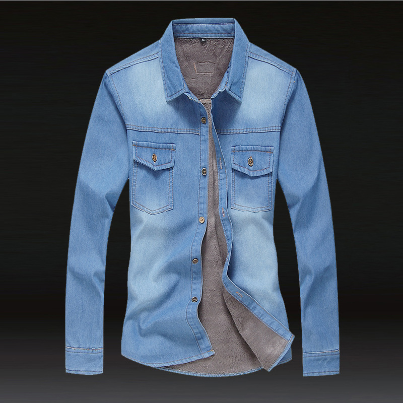 Wholesale-Mens Shirts Fashion 2015 Brand New Clothing Winter Fleece Korean Men Jeans Shirt Chemises En Denim Homme Marque Long Sleeve Tops