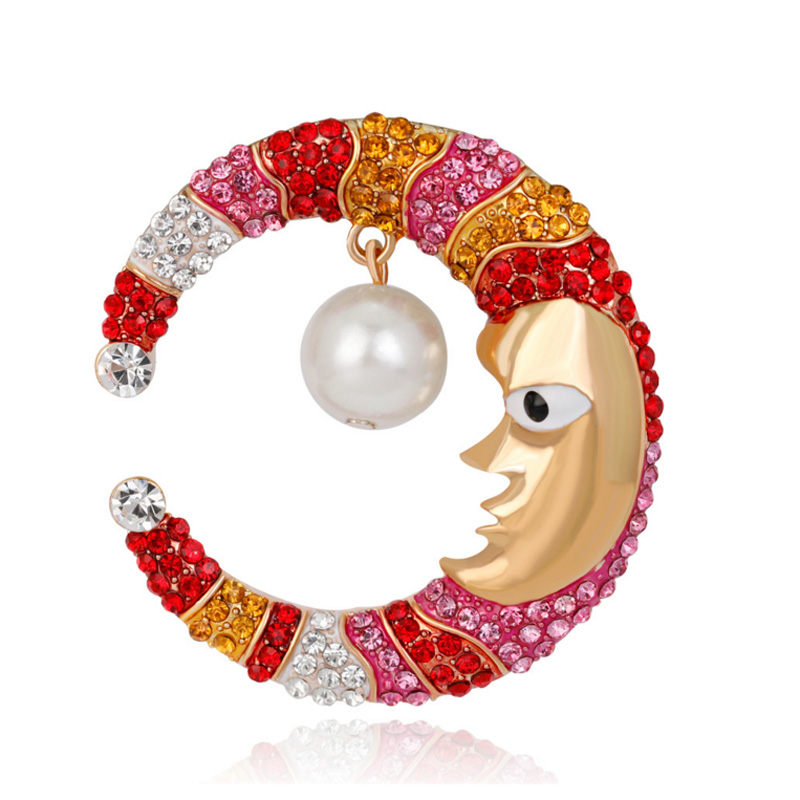 

Cute Cartoon Face Moon Brooches Pearl Pins Multicolor Rhinestone Luxury Dress Corsage Brooch Gold/Silver Plated Fashion Jewelry
