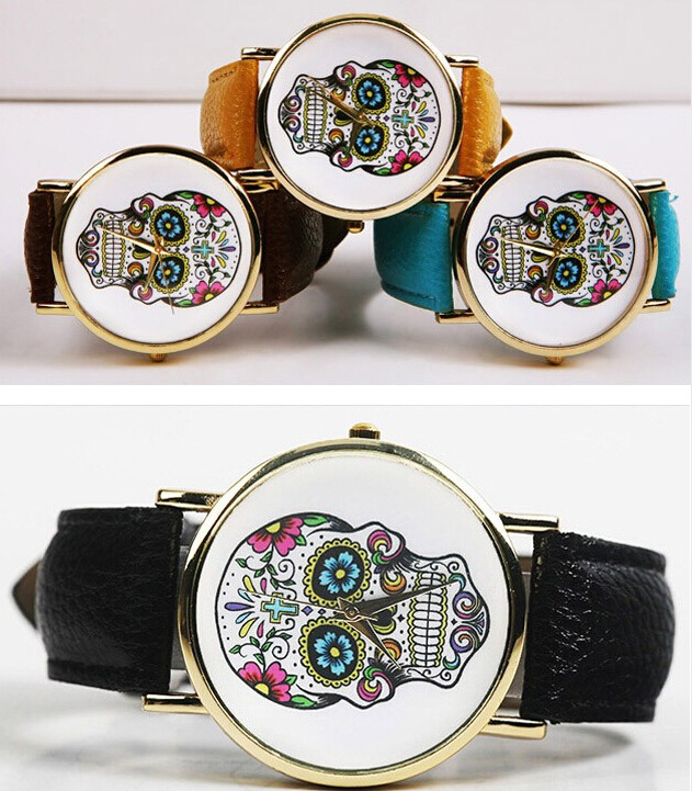 

Wholesale 50pcs/lot Mix 11olors Quartz KM112 women Dress watch Fashion Leather Skull watch WR001, Leather wristband