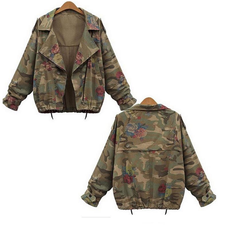 Wholesale-New Autumn Winter Army Green Camouflage Women Jackets Floral Printed Zipper Jeans Coats For Woman Denim Cardigans