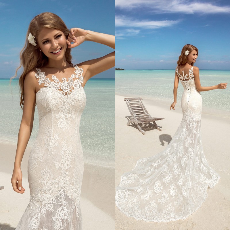 

New Design 2019 White Summer Beach Wedding Dresses Mermaid Sheer Lace Appliqued Court Train Bridal Gowns Lace-up Back, Red