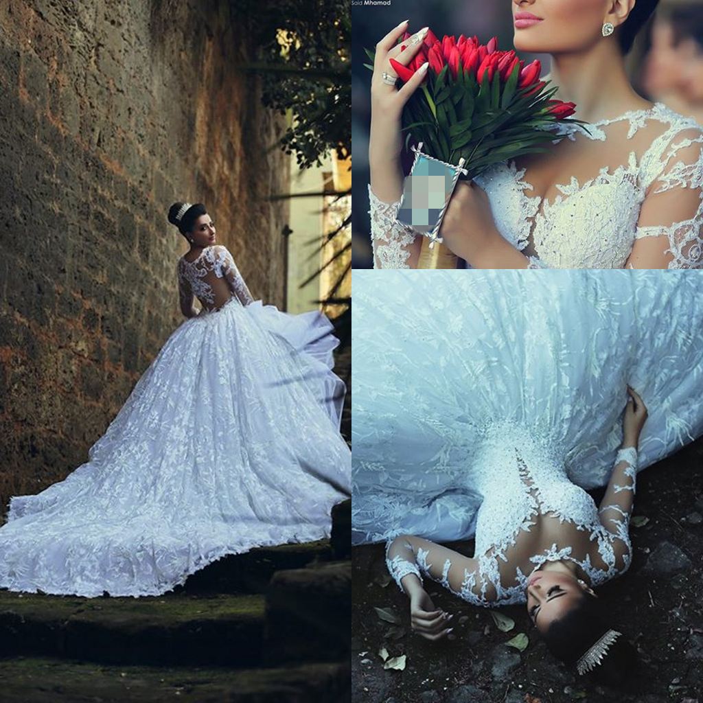 

Kaftan Dubai Arabic Muslim Wedding Dresses Ball Gown Sheer Neck Long Sleeve Wedding Dresses Lace Chapel Train Bridal Dresses 2019, Black