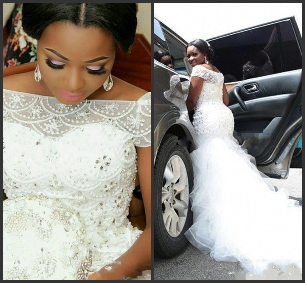 

2020 New Plus Size Arabic Nigerian Wedding Dresses Beading Tiered Short Sleeves Long Chapel Train Tulle Mermaid Bridal Gowns 379, Light sky blue