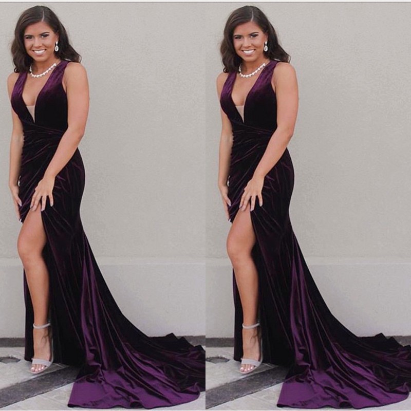 

2017 Sexy Eggplant Purple Velvet Mermaid Evening Gowns Long Cheap Deep V Neck Side Split Formal Dresses Party Evening Wear Custom EN10262, Hunter