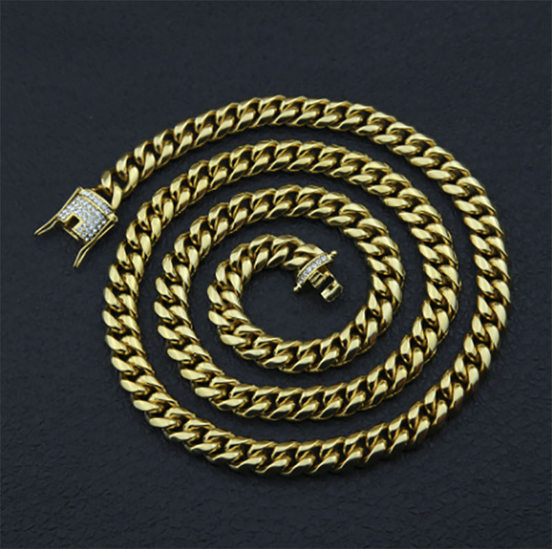 

Top Quality Cool Mens Necklace Gold Tone 316L Stainless Steel Miami Cuba Link Chain with Diamond Clasp Lock 10mm Width 75 cm Length