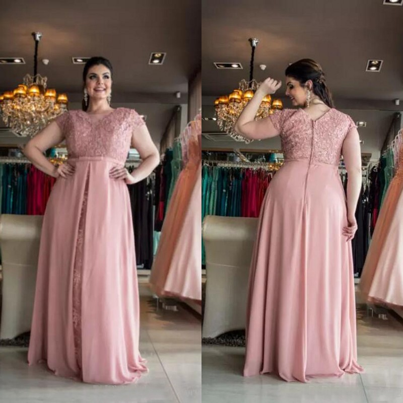 

Elegant 2017 New Lace Short Sleeve Top Chiffon Plus Size Prom Dresses Long Front Split Formal Dress Party Evening Wear Custom EN112515, Gray