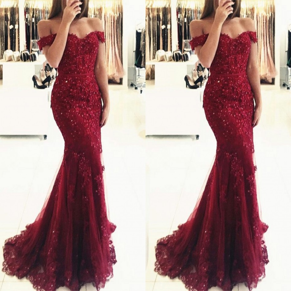 

Sexy Burgundy Evening Dresses Off Shoulder Mermaid Long Prom Dress Soft tulle with Lace And Floral Applique Shining Beads Bridesmaid Dress