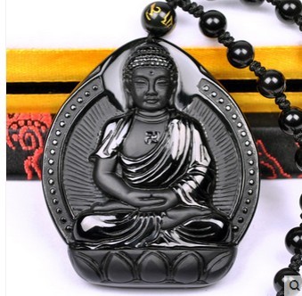 

Medallion natural carved frosted obsidian amitabha patron life zodiac dog pig this Buddha pendant necklace