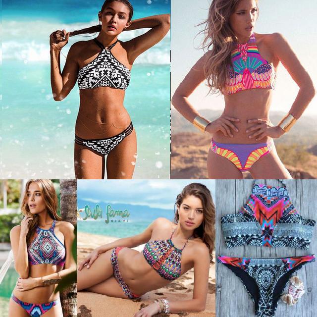 Nouveau Sexy Femmes Rétro Bikini Ensemble européenne Totem impression maillots de Bain Rembourré Rétro De Natation Beachwear Halter Femmes De Mai
