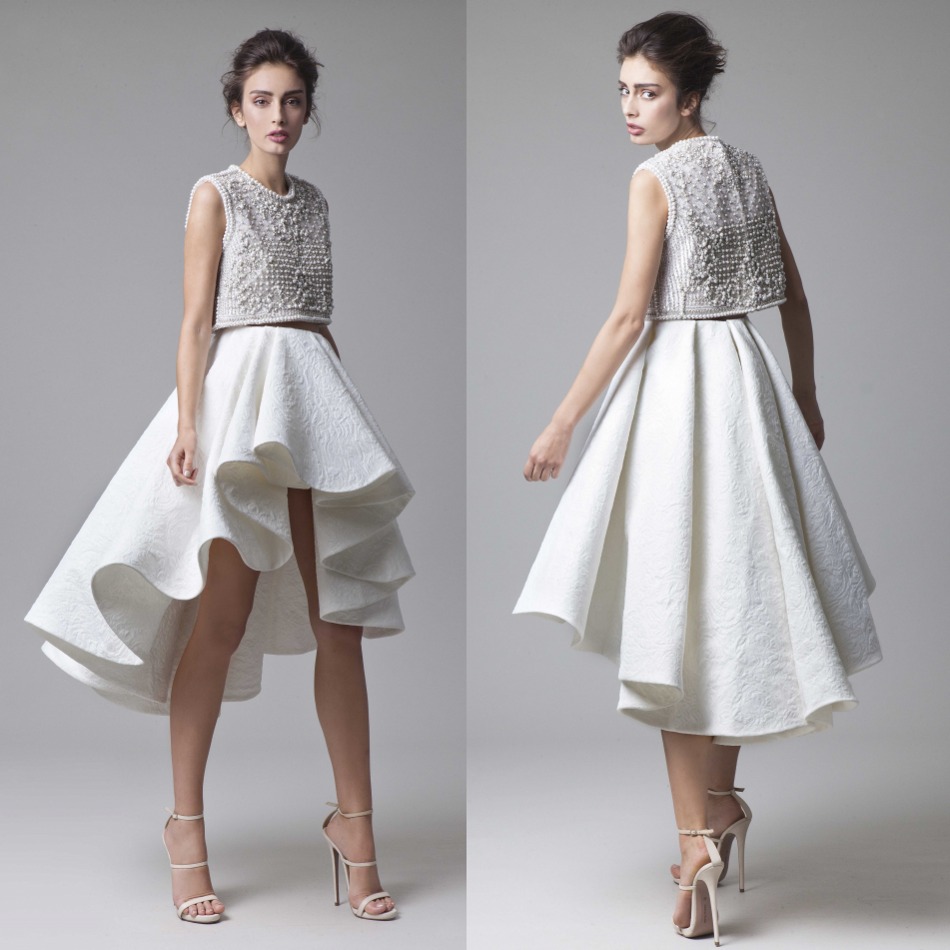 

Krikor Jabotian Wedding Dresses Jewel Lace Appliques Beaded Sleeveless Bridal Gowns High Low Short Beach A-Line Wedding Dress, Gold