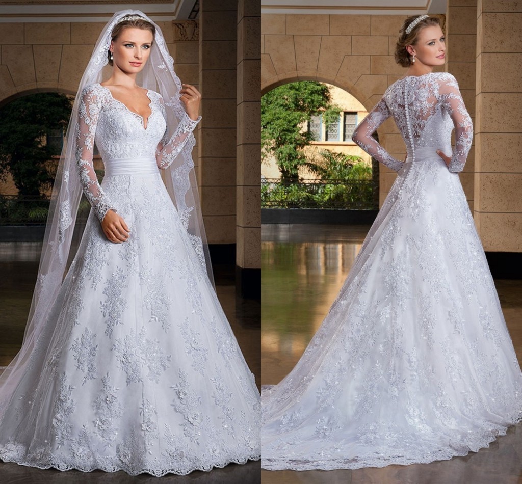 

2020 Spring New Pure White Lace A-Line Wedding Dresses Plunging Neckline See Through Back Long Sleeves Bridal Gowns Vestido De Noiva Manga, Silver
