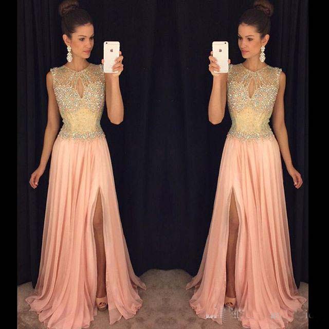 

Prom Dresses 2016 Pageant Dresses with Slit Pink Wedding Party Dresses Illusion Neck Side Split Beaded Spring New Arrival Evening Dresses, Red