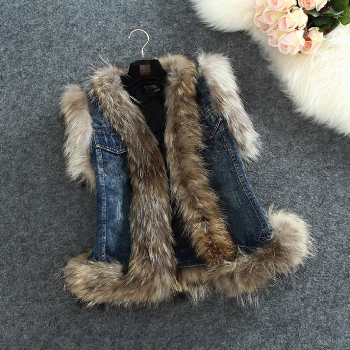 Wholesale-Fur Denim Vest Fashion Fox Wool Waistcoat Women Autumn High Quality Stitching Jean Jacket Real Sleeveless Fur Denim Vest S-2XL