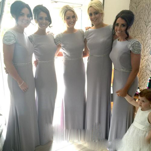 

Lace Mermaid Bridesmaid Formal Dresses For Wedding 2016 Jewel Short Sleeves Applique Beads Evening Dress Full Length Maid Of Honor Dresses, Hunter