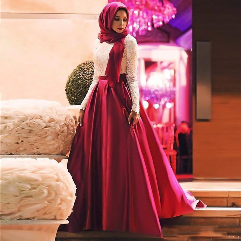 

2019 Elegant Muslim A Line Prom Dresses Long Sleeves Ivory And Red Lace Satin Hijab Formal Evening Gown Floor Length, Purple