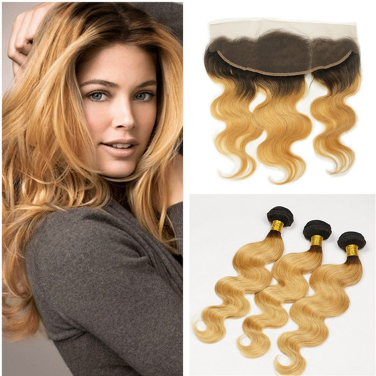 

Honey Blonde Ombre 13x4 Full Lace Frontal With 3Bundles Two Tone 1B/27 Strawberry Blonde Virgin Brazilian Body Wave Human Hair 4Pcs Lot
