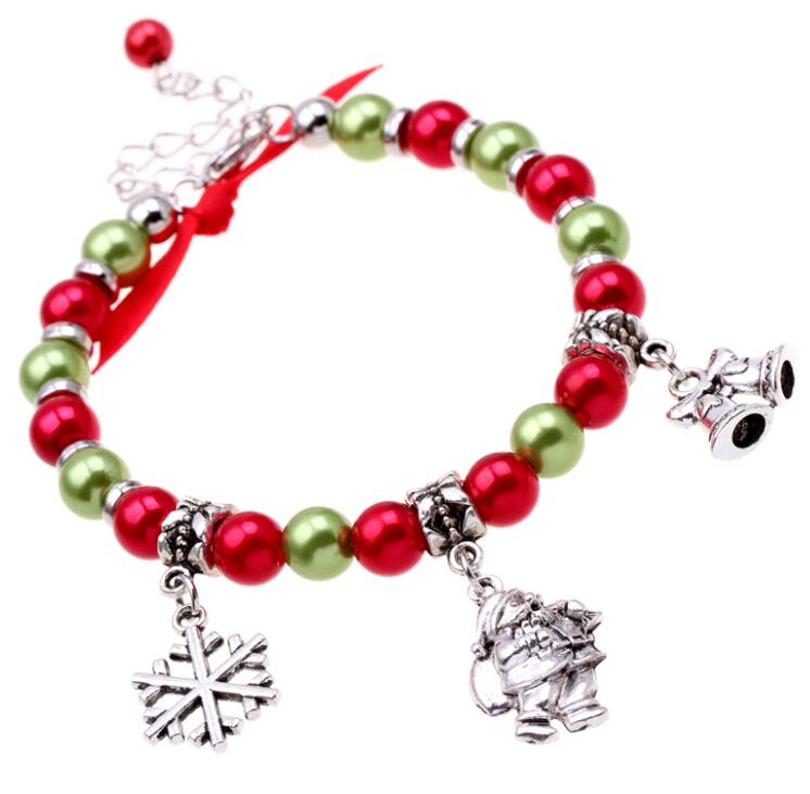 Snowflake Christmas Charms Silver Beaded Bracelet with Bell and Santa Clauses - Perfect Holiday Accessory for Teens
