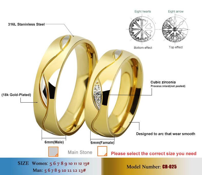 

Never Fading 18k Gold plated simple Classic Wedding rings Titanium steel rings for men and women jewelry CZ Diamond Rings